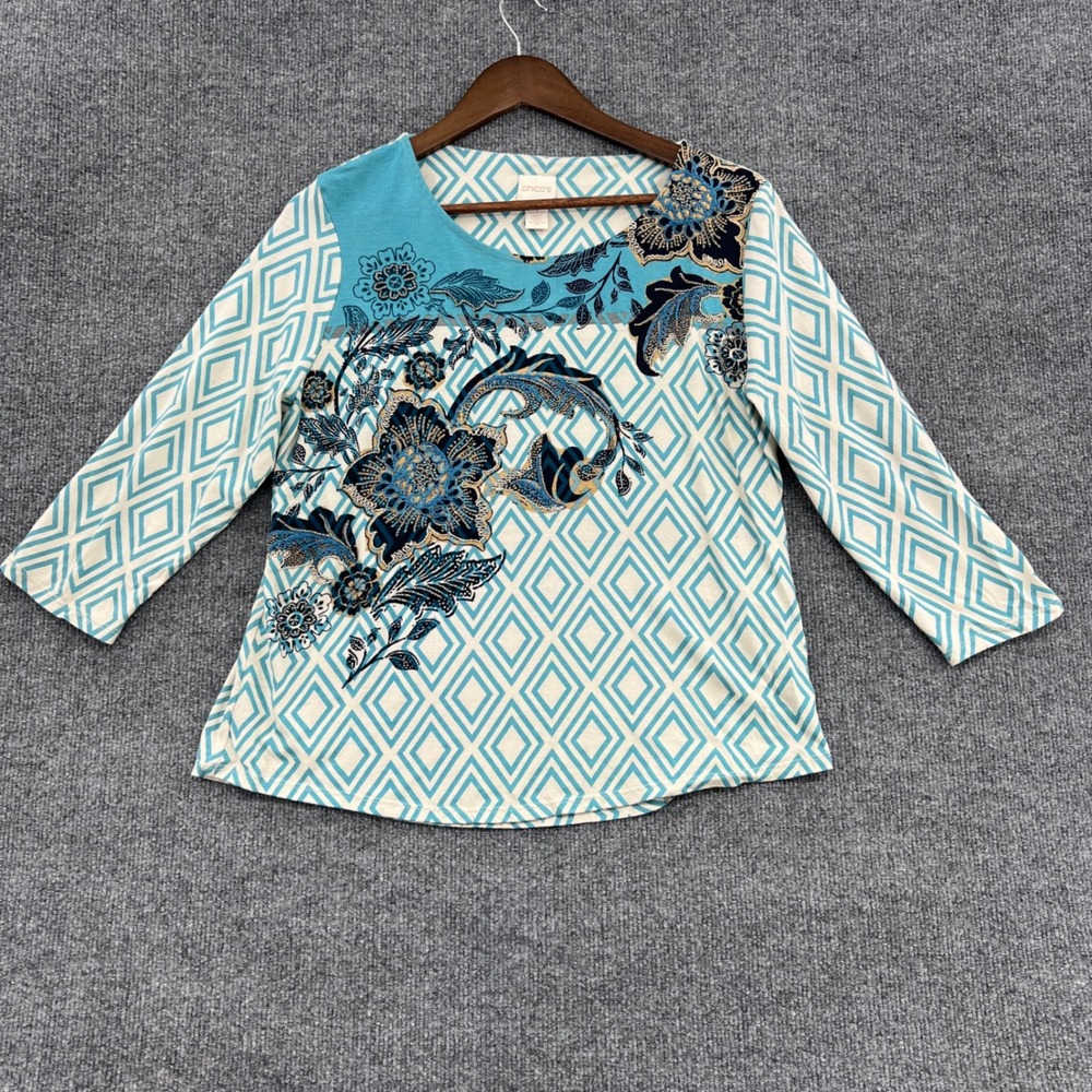 Chicos Beaded Floral Geometric Top Women Size 1 M Blue Casual Boho Coastal